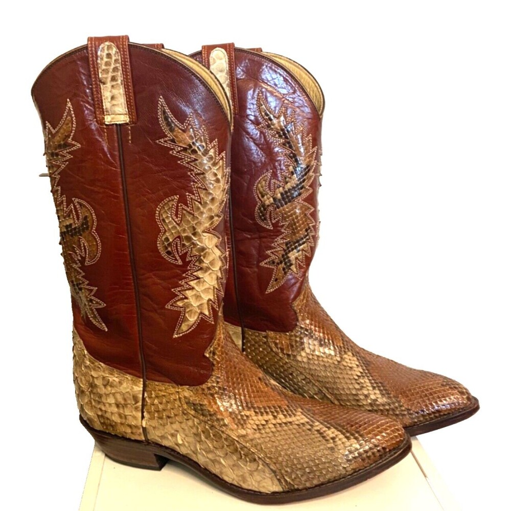 CORDONES Men's Cowboy Boots Size 9.5 Genuine SNAKE SKIN Red Brown Leather SPAIN